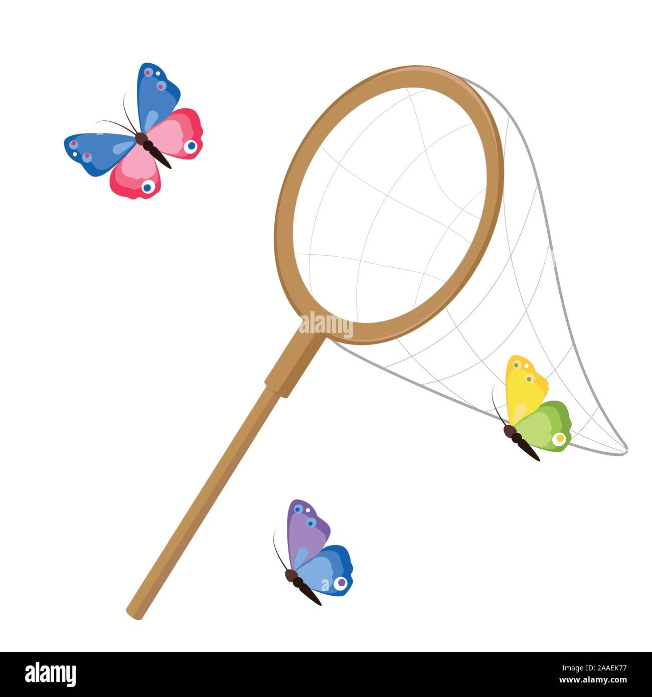 Butterfly net and colorful butterflies. Classic net design, wooden