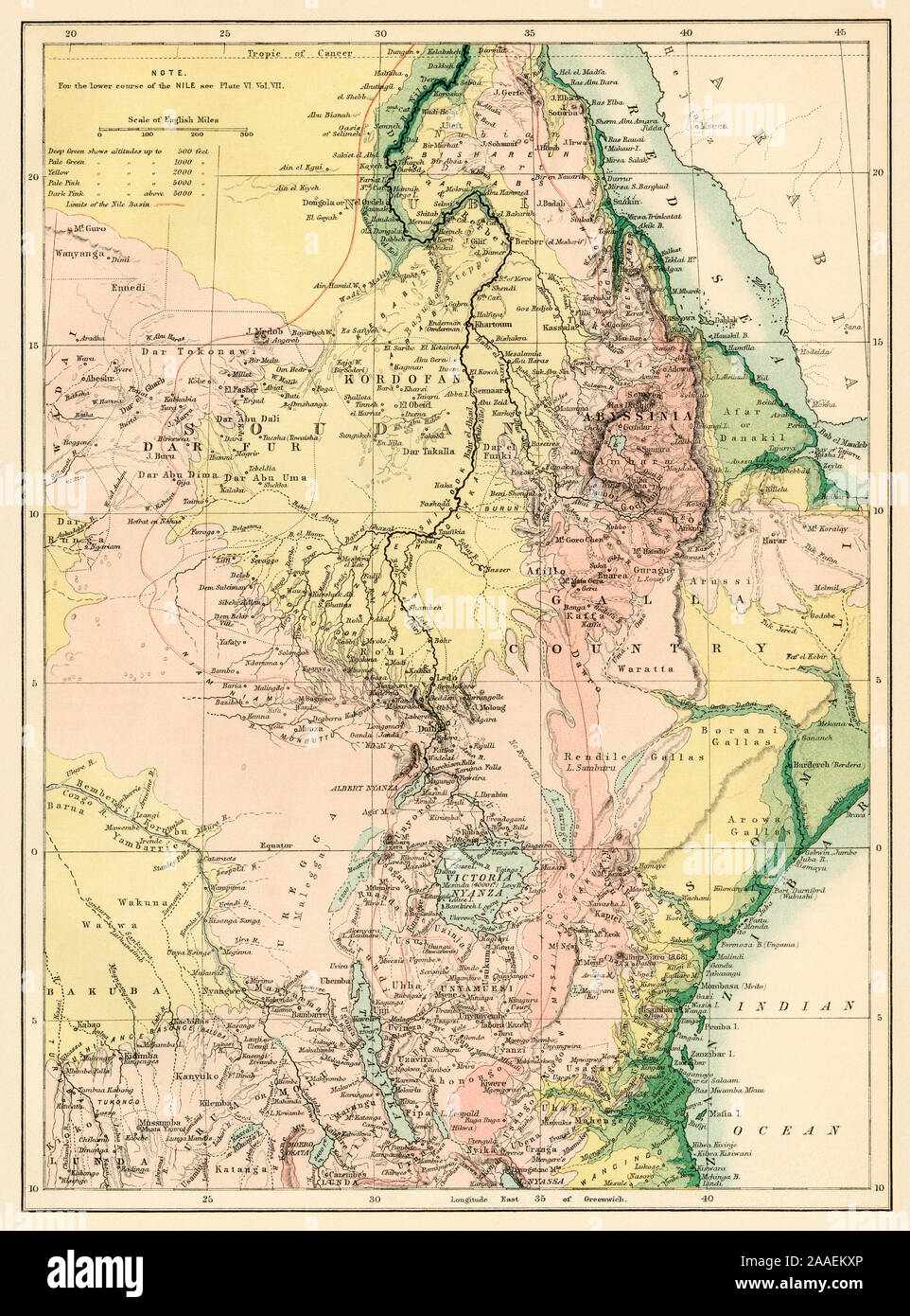 Map of the Nile River, 1870s. Color lithograph Stock Photo