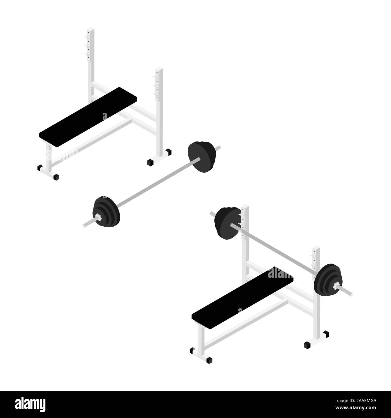 Gym bench with barbell isolated on white background isometric view