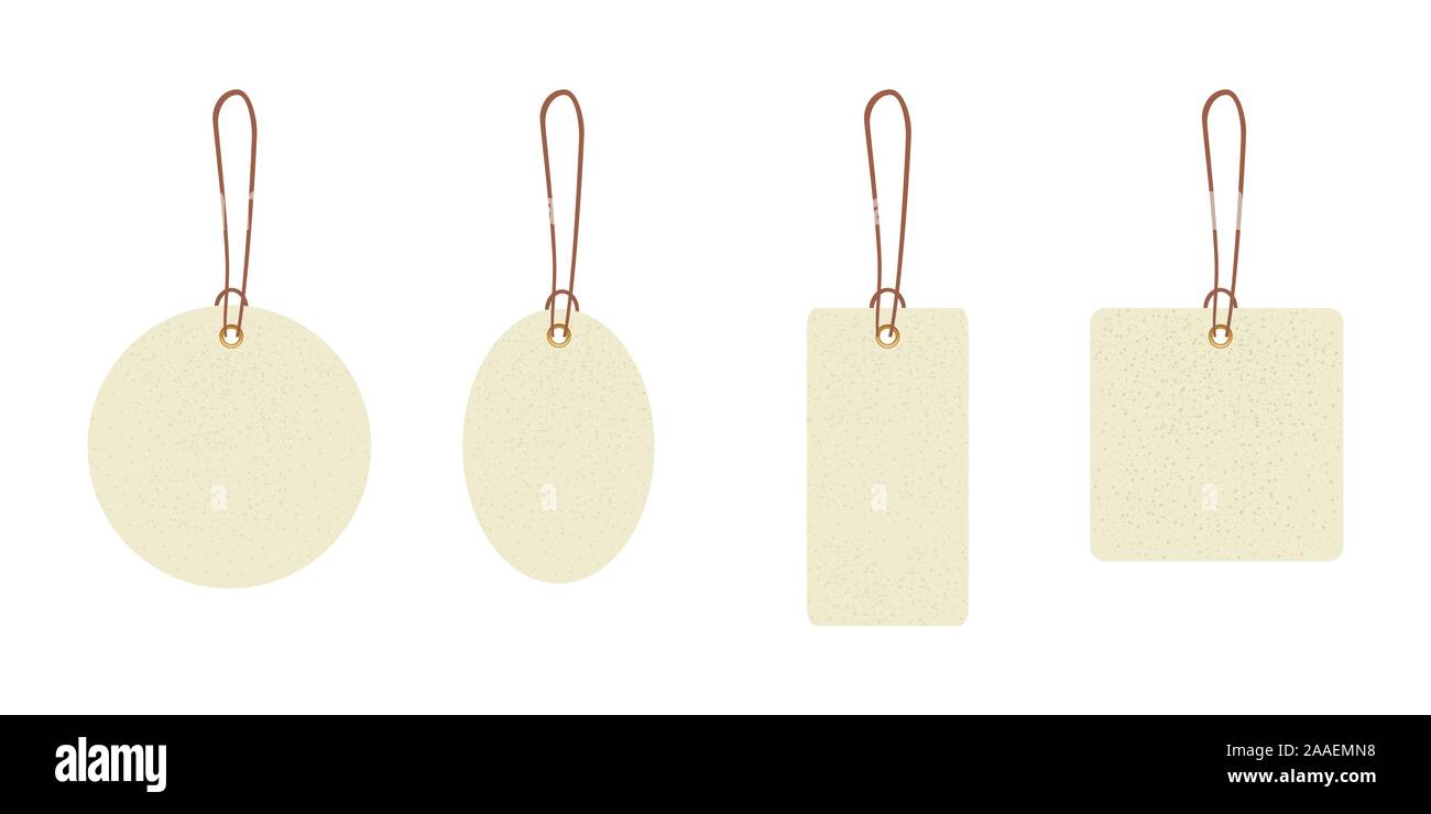 Set of blank gift box tags or sale shopping labels with rope. White
