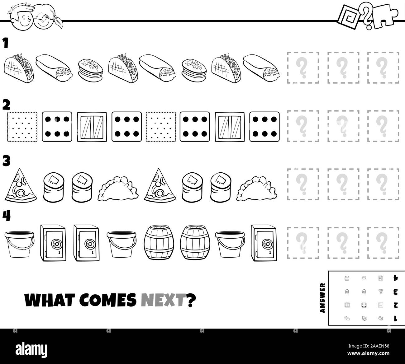 Black and White Cartoon Illustration of Completing the Pattern Educational Game for Kids with Food and Objects Coloring Book Page Stock Vector