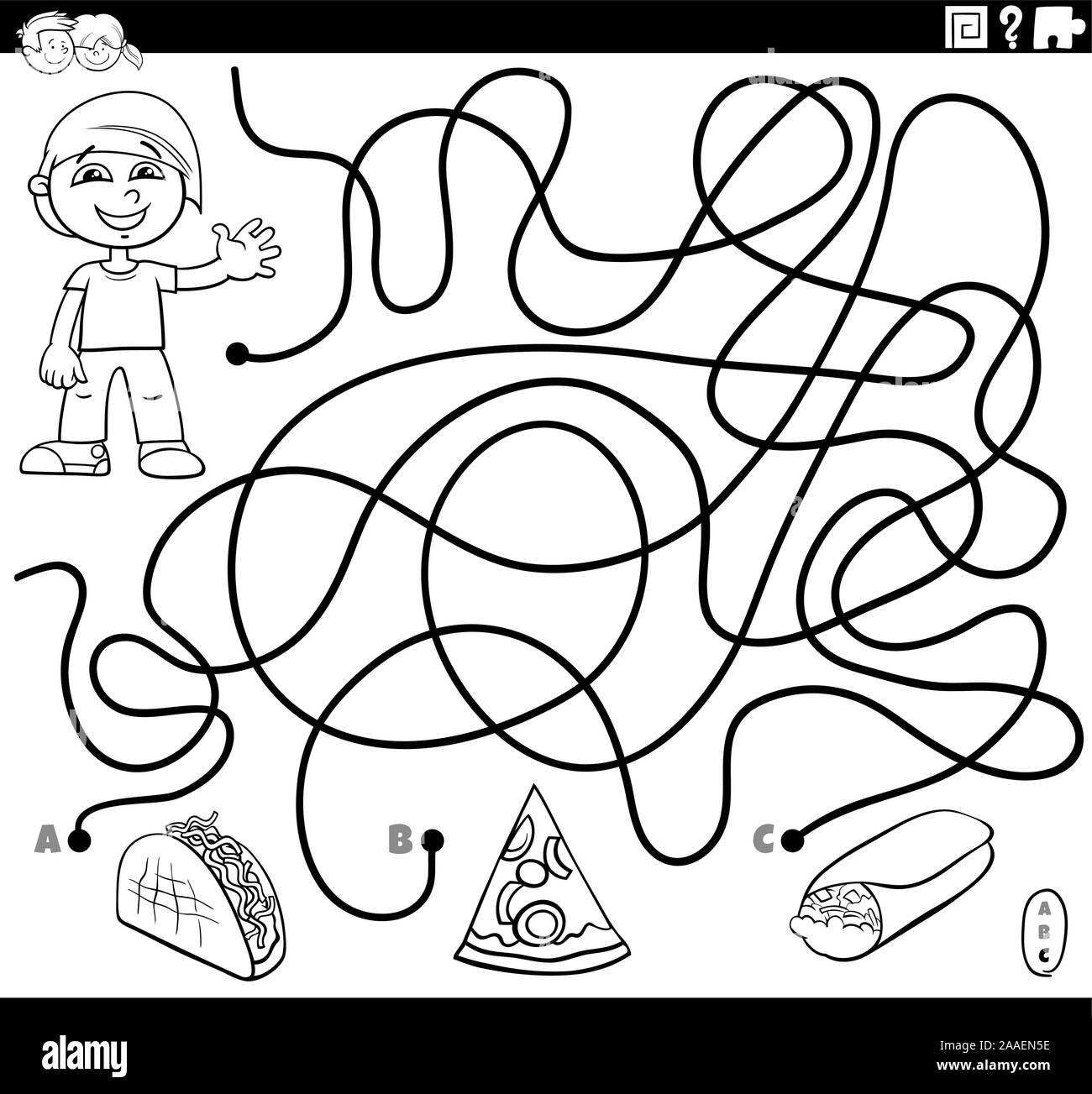 Black and White Cartoon Illustration of Lines Maze Puzzle Activity Game with Boy Character and Food Objects Coloring Book Page Stock Vector