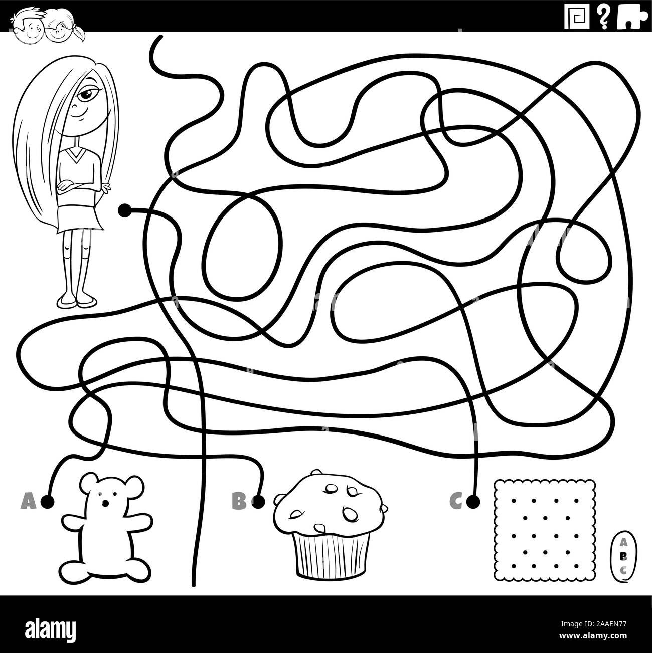 Black and White Cartoon Illustration of Lines Maze Puzzle Activity Game with Girl Character and Sweet Food Objects Coloring Book Page Stock Vector