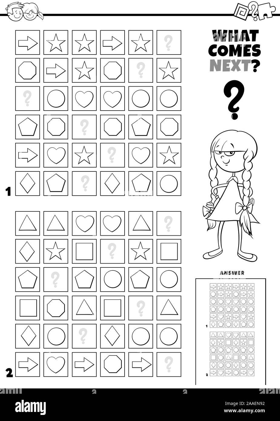 Black and White Cartoon Illustration of Completing the Pattern in the ...