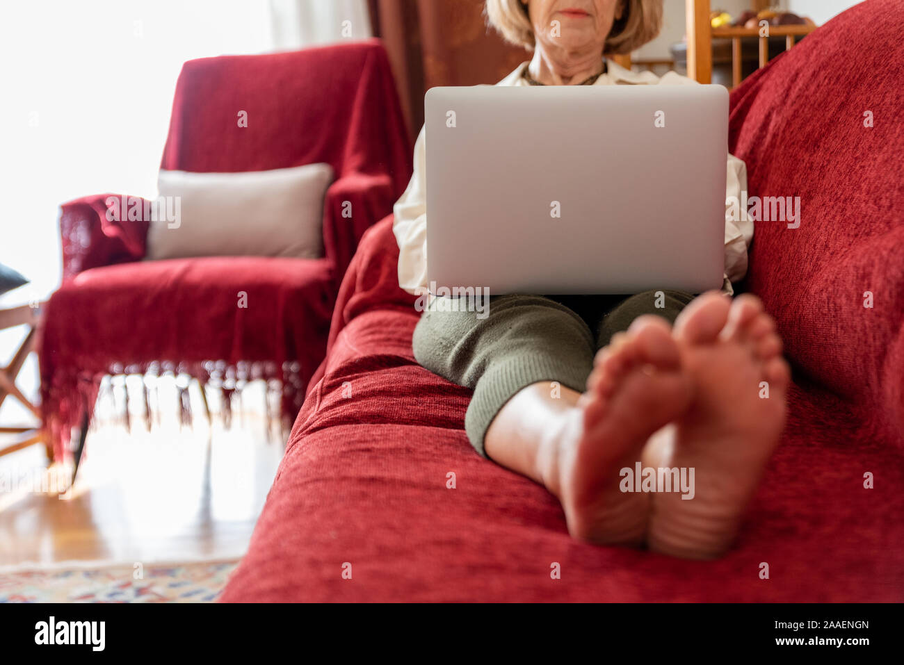 Elegant mature woman using computer at home Stock Photo