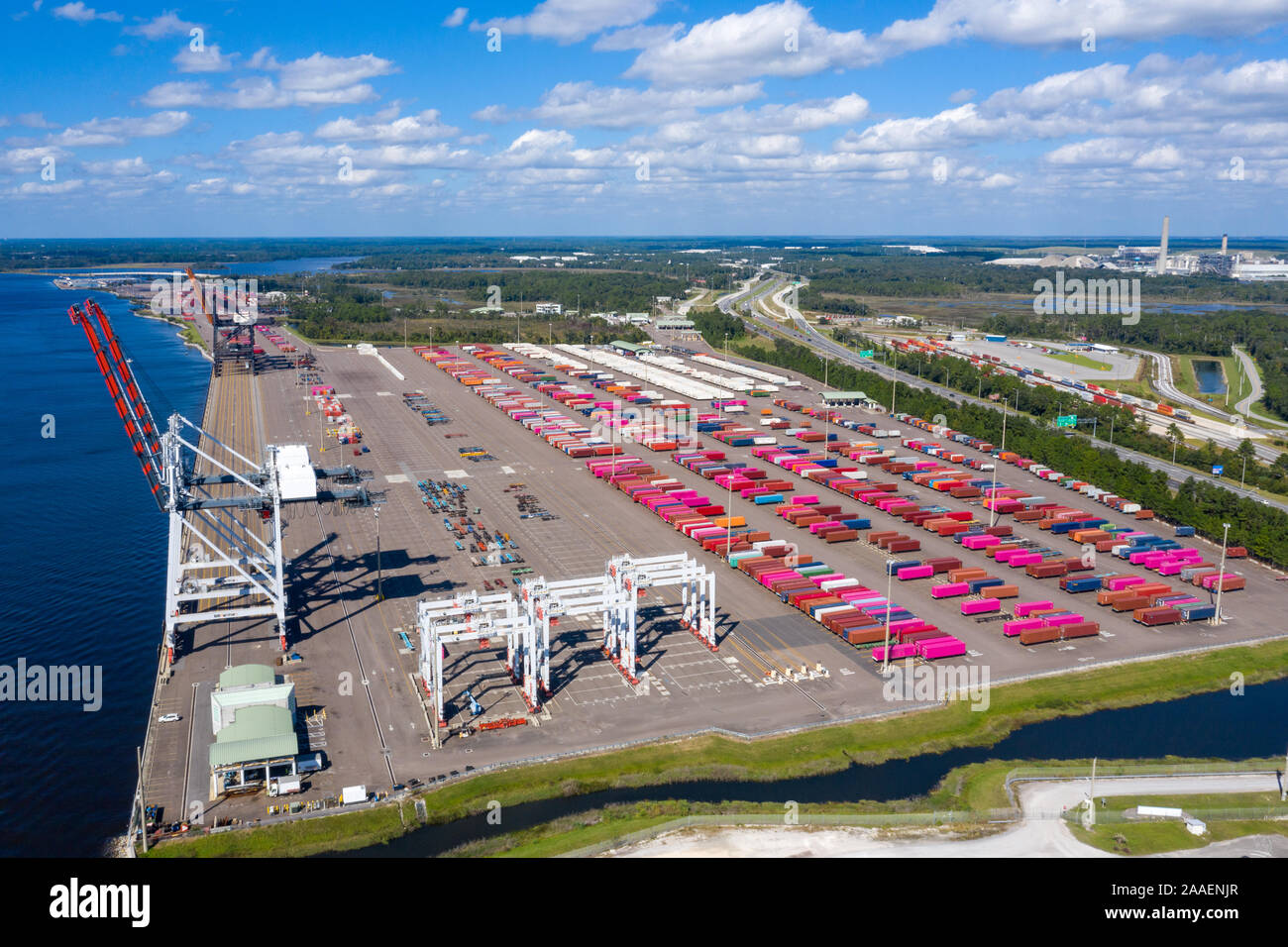 Aerial view of shipping port terminals in Jacksonville Florida Stock