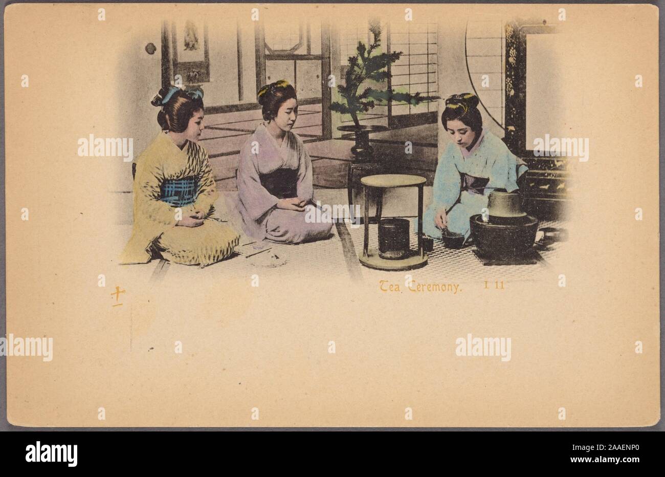 Illustrated postcard of a group of women dressed in traditional Japanese kimono, kneeling on the floor preparing tea for the traditional Japanese tea ceremony, Japan, 1920. From the New York Public Library. () Stock Photo
