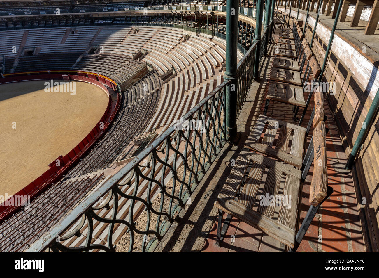 Interior and seating of the Bullring of Valencia, also known as the Plaza de Toros de Valencia, in the the historic city of Valencia in Spain Stock Photo