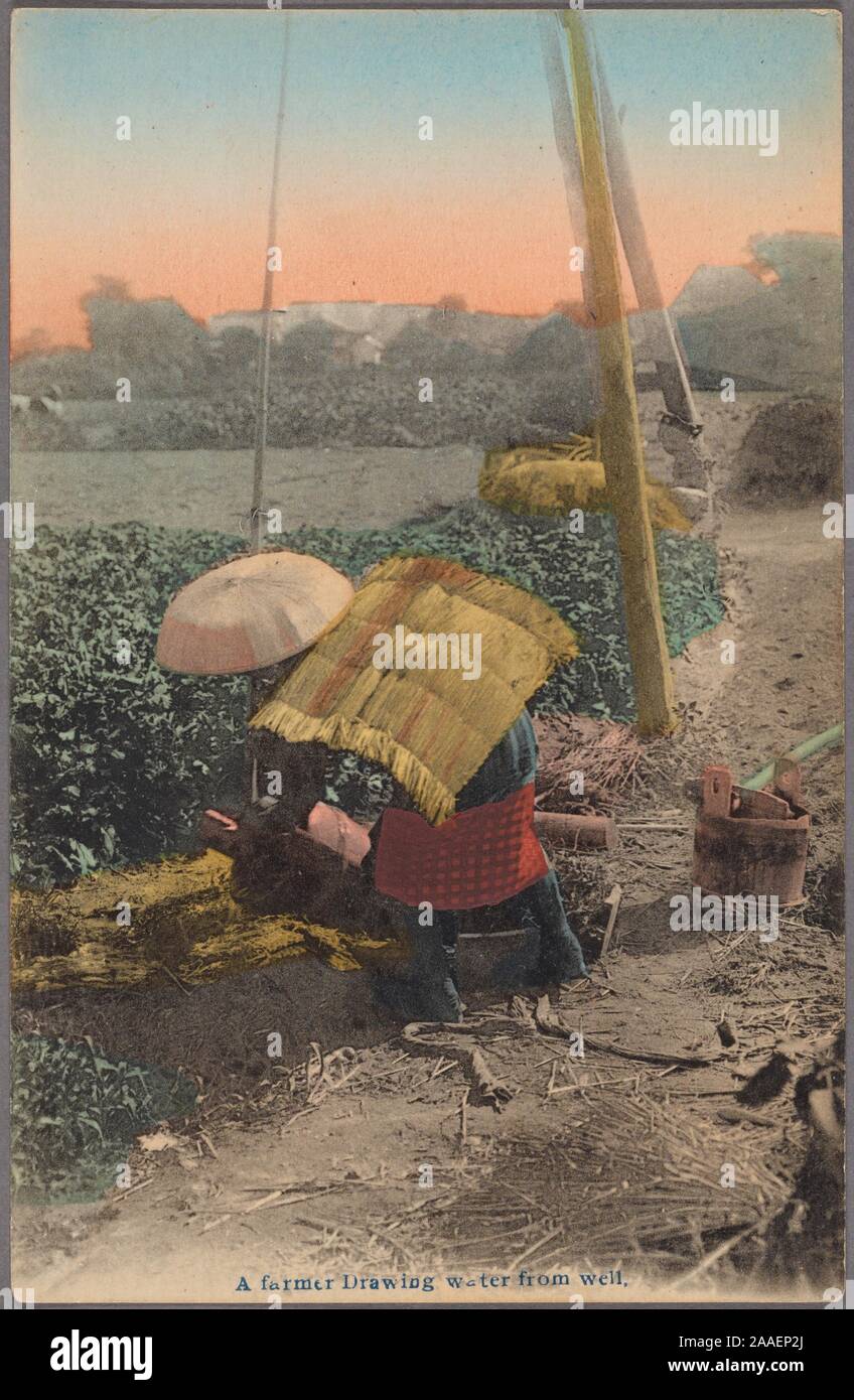 Illustrated postcard of a Japanese farmer wearing a straw hat and a traditional Japanese straw raincoat, drawing water from a well in a rural area, Japan, 1920. From the New York Public Library. () Stock Photo
