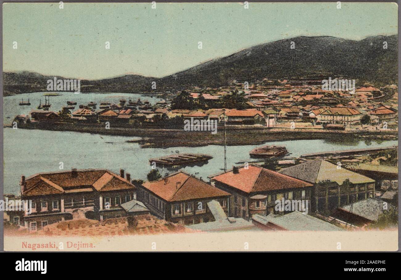Illustrated postcard of a townscape view of Dejima, an artificial island in the bay of Nagasaki, Japan, 1905. From the New York Public Library. () Stock Photo