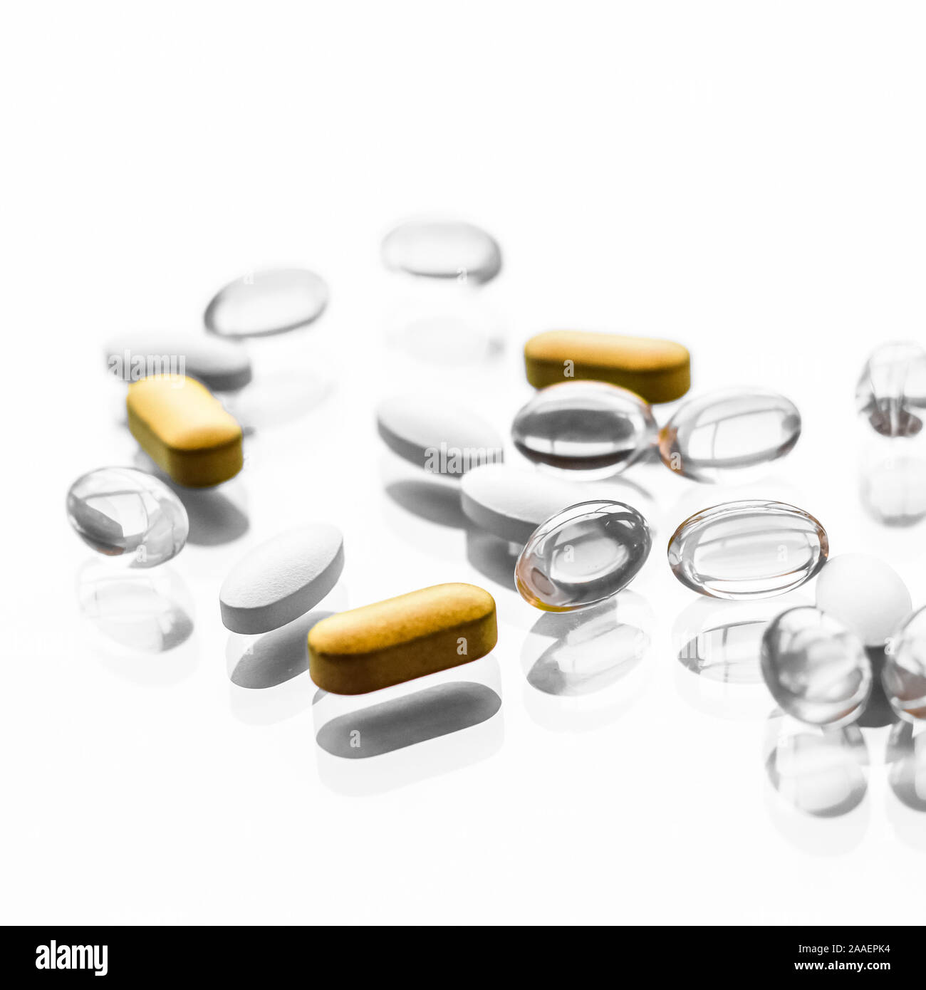 Pharma, branding and lab concept - Pills and capsules for diet nutrition, anti-aging beauty supplements, probiotic drugs, pill vitamins as medicine an Stock Photo