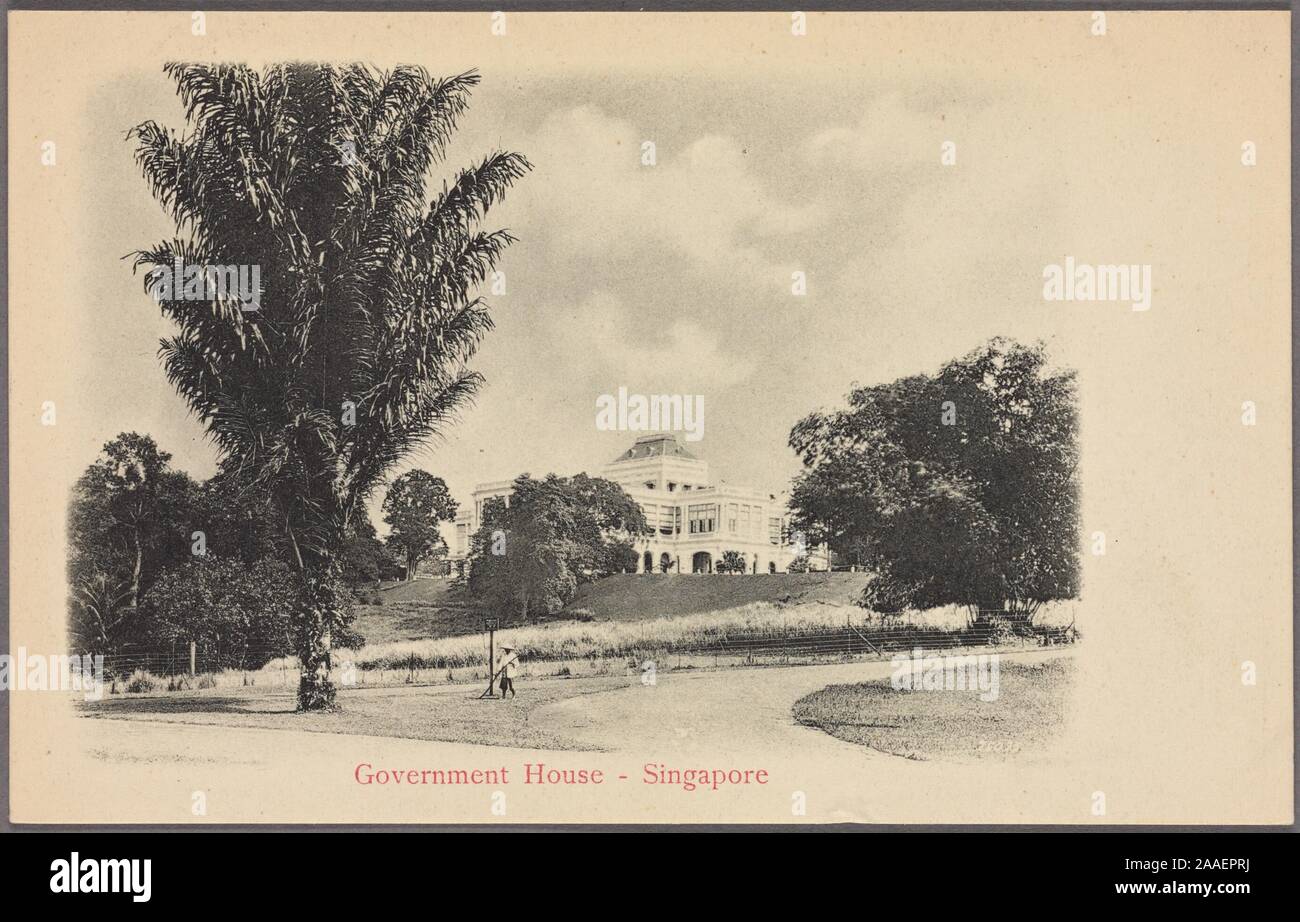 Engraved postcard of the driveway leading to the Government House of Singapore, present-day Istana, the official residence and office of the President of Singapore, published by G.R, 1910. Lambert and Co. From the New York Public Library. () Stock Photo