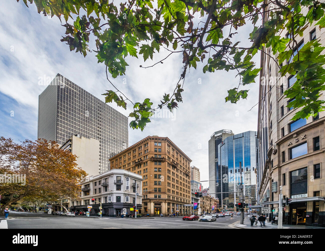 corner Pitt Street and Bridge Street at the heart of the Sydney CBD, New South Wales, Australia Stock Photo
