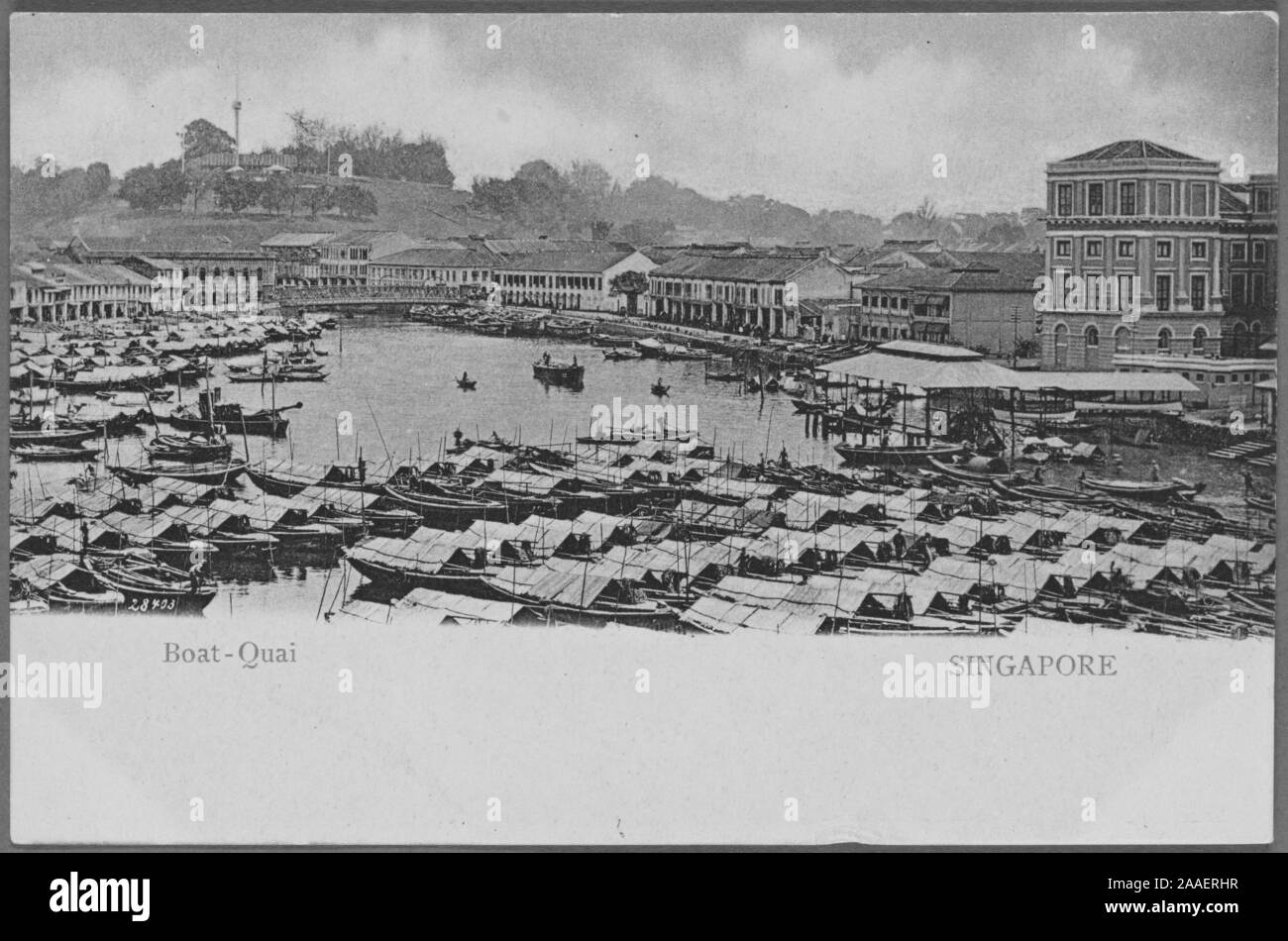 Engraved postcard of a bird's-eye view of sampan boats in Boat Quay, the busiest part of the Port of Singapore, published by G.R, 1762. Lambert and Co. From the New York Public Library. () Stock Photo