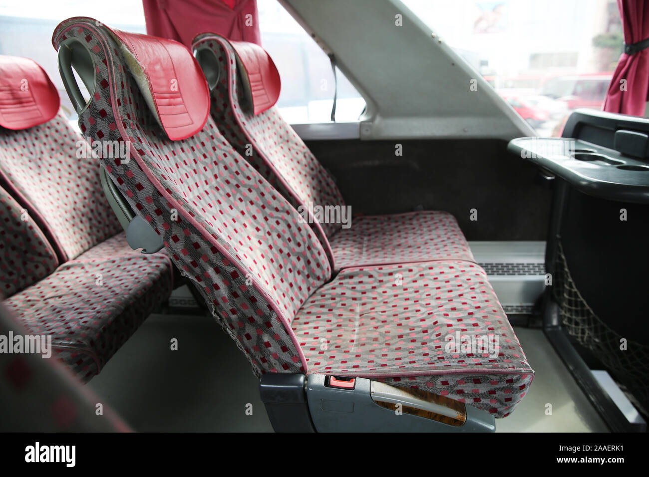 interior of new modern bus . bus seat Safety belts . Seating in the ...