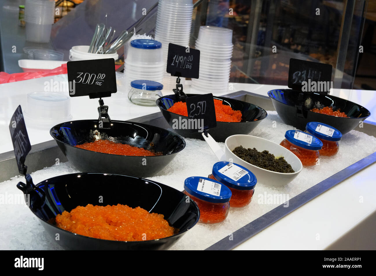 Red and black fish caviar in fish market. Fish roe caviar. Fish seafood