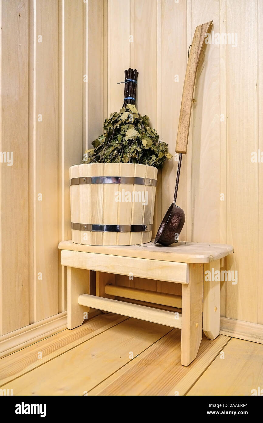 Traditional equipment for Russian bath from wood Stock Photo