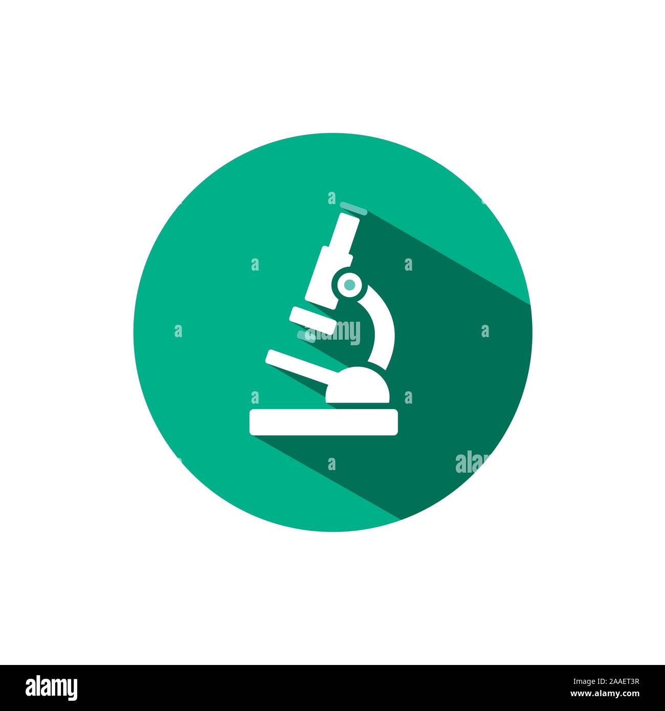 Microscope icon with shadow on a green circle. Flat color vector pharmacy illustration Stock Vector