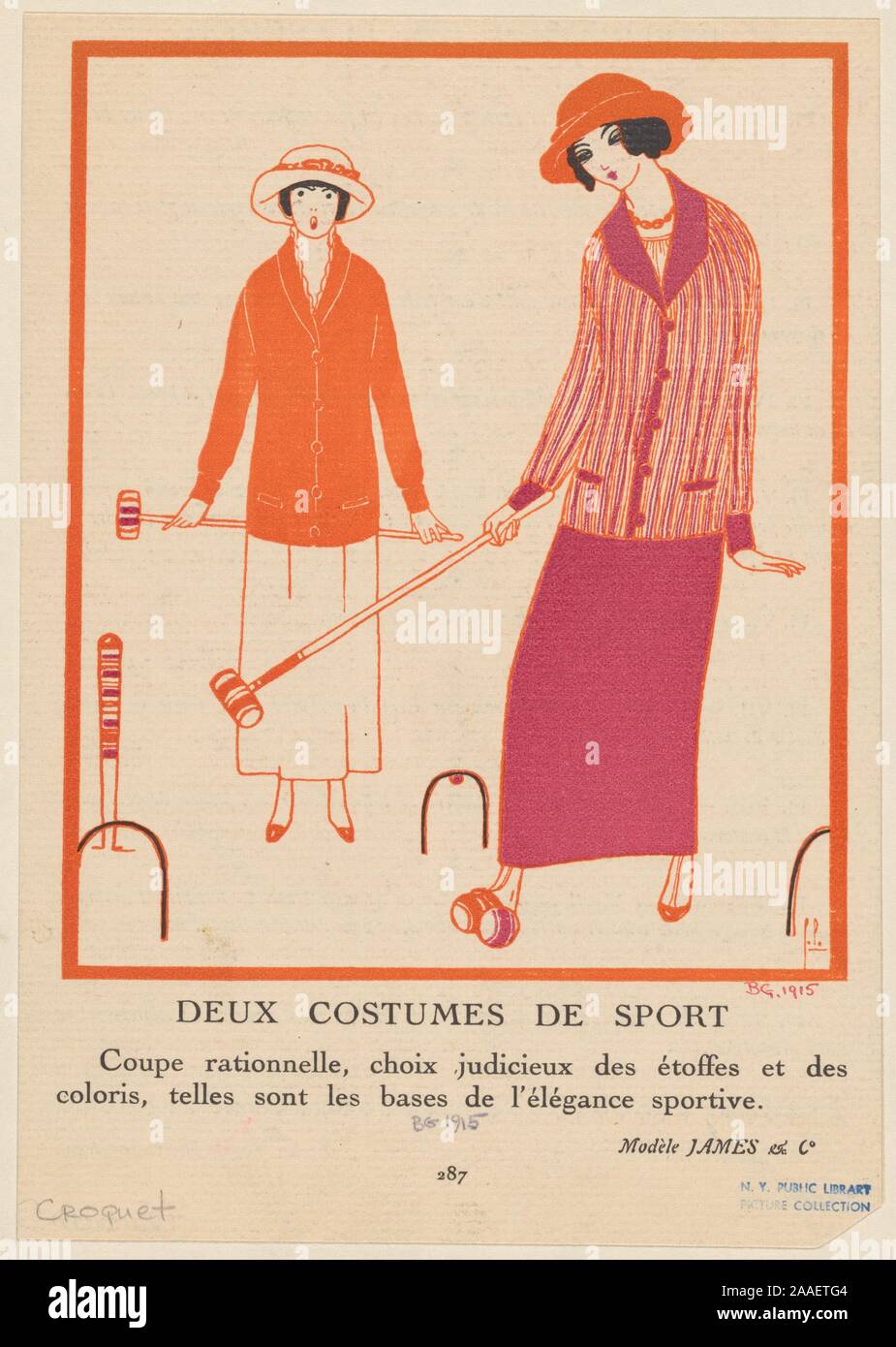 Illustration of two women in 1900s sportswear playing croquet, published in the French fashion magazine 'Gazette du Bon Genre', also known as 'Gazette du Bon Ton', by artist Georges Lepape, 1915. From the New York Public Library. () Stock Photo