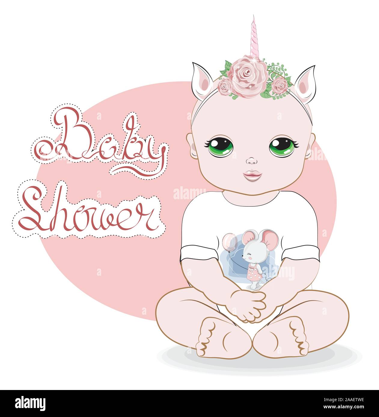 baby girl with green eyes, sits in a white. Bodysuit with mouse print, Picture in hand drawing style for baby shower. Greeting card, party invitation, Stock Vector