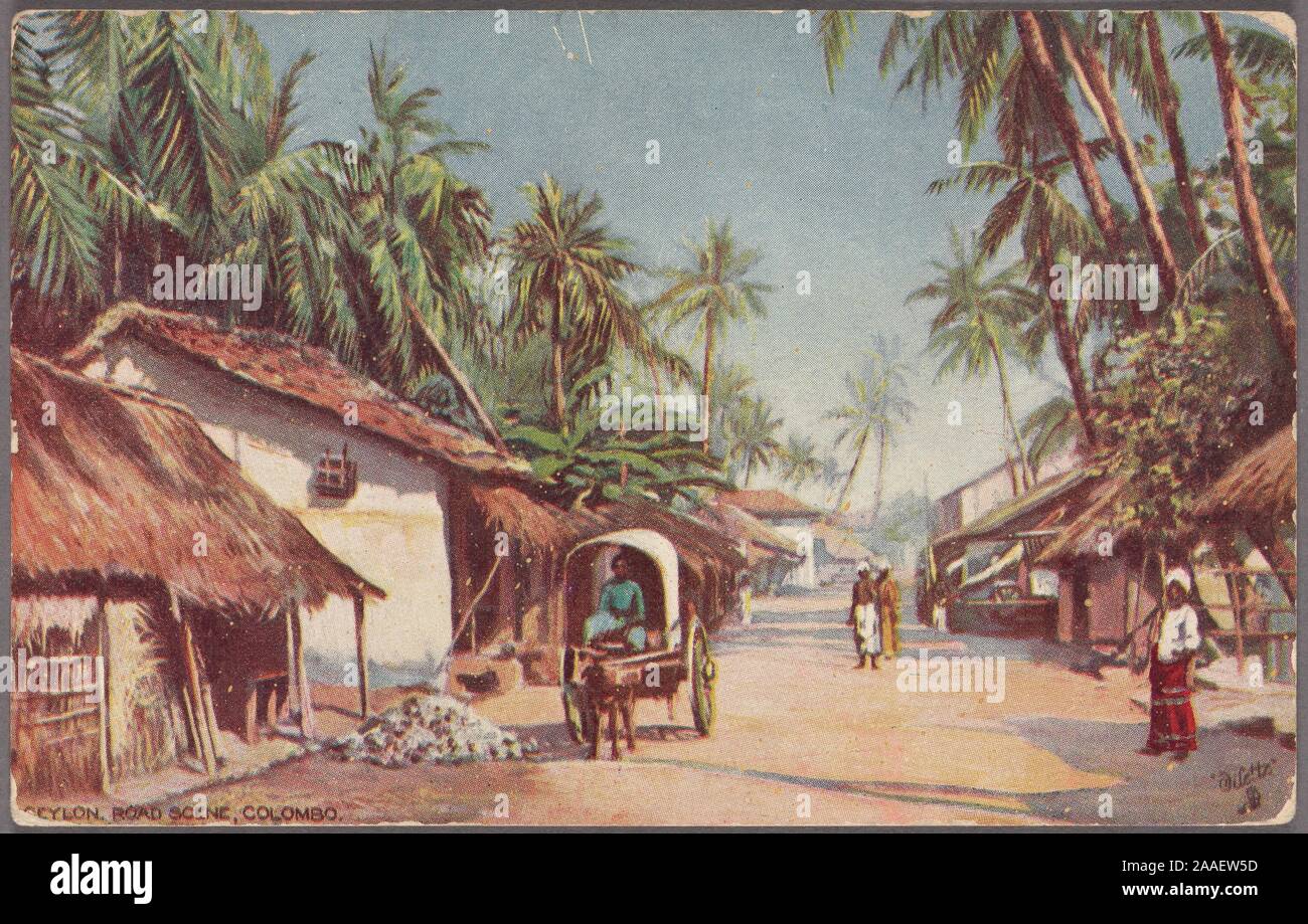 Illustrated postcard of a dirt road lined with thatched roof houses and palm trees, Colombo, Sri Lanka (formerly Ceylon), published by Raphael Tuck and Sons, 1908. From the New York Public Library. () Stock Photo