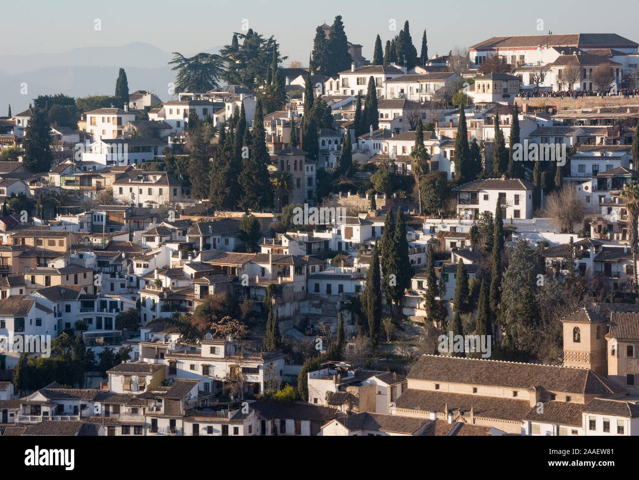 A view of the city of Granada from the Alhambra palace complex, Andalusia, Spain on a beautiful hazy winter's day Stock Photo