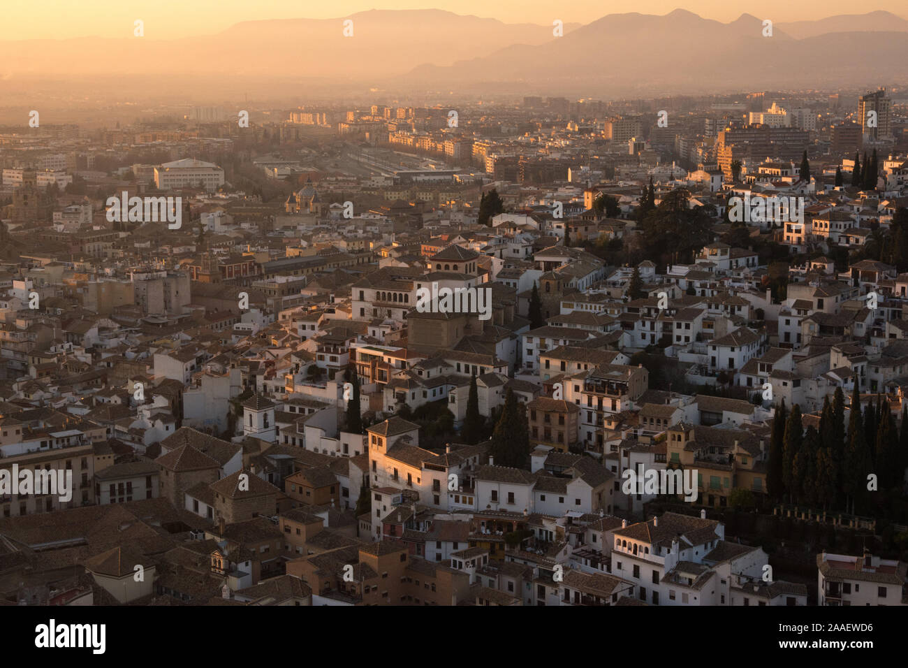 A view across Granada at sunset as seen from the Alhambra Palace Stock Photo