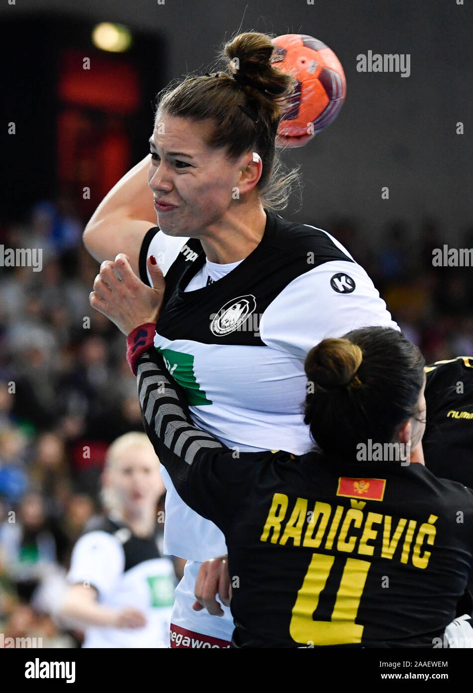 Stuttgart Germany. 21st Nov 2019. Handball women international Germany Montenegro Germany s Emily Bolk o plays against Montenegro s Jovanka Radicevic. Credit Thomas Kienzle dpa Alamy Live News Stock P...