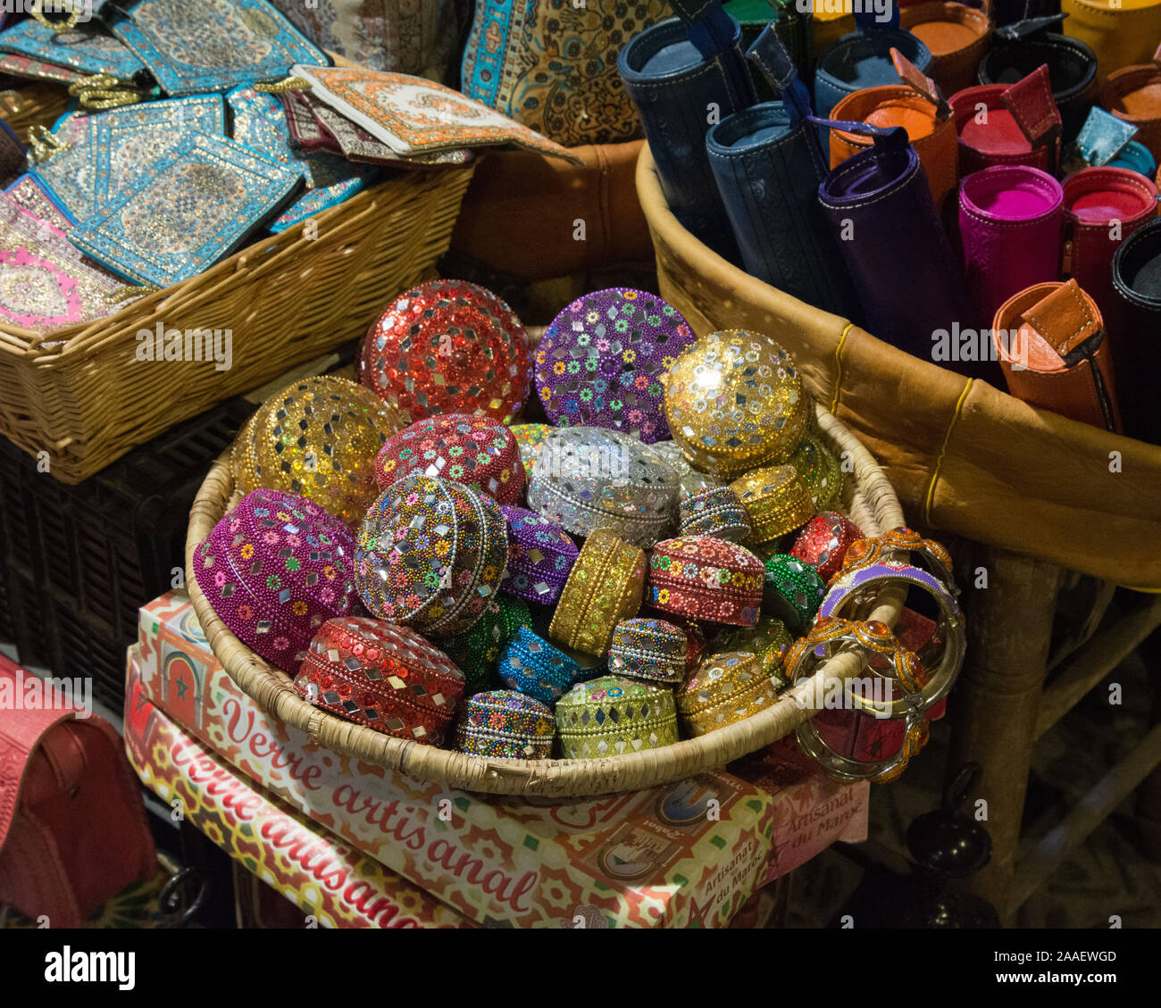 Colourful beaded trinket boxes and other gifts on display for sale in a souvenir shop in Albaicín, Granada, Spain Stock Photo