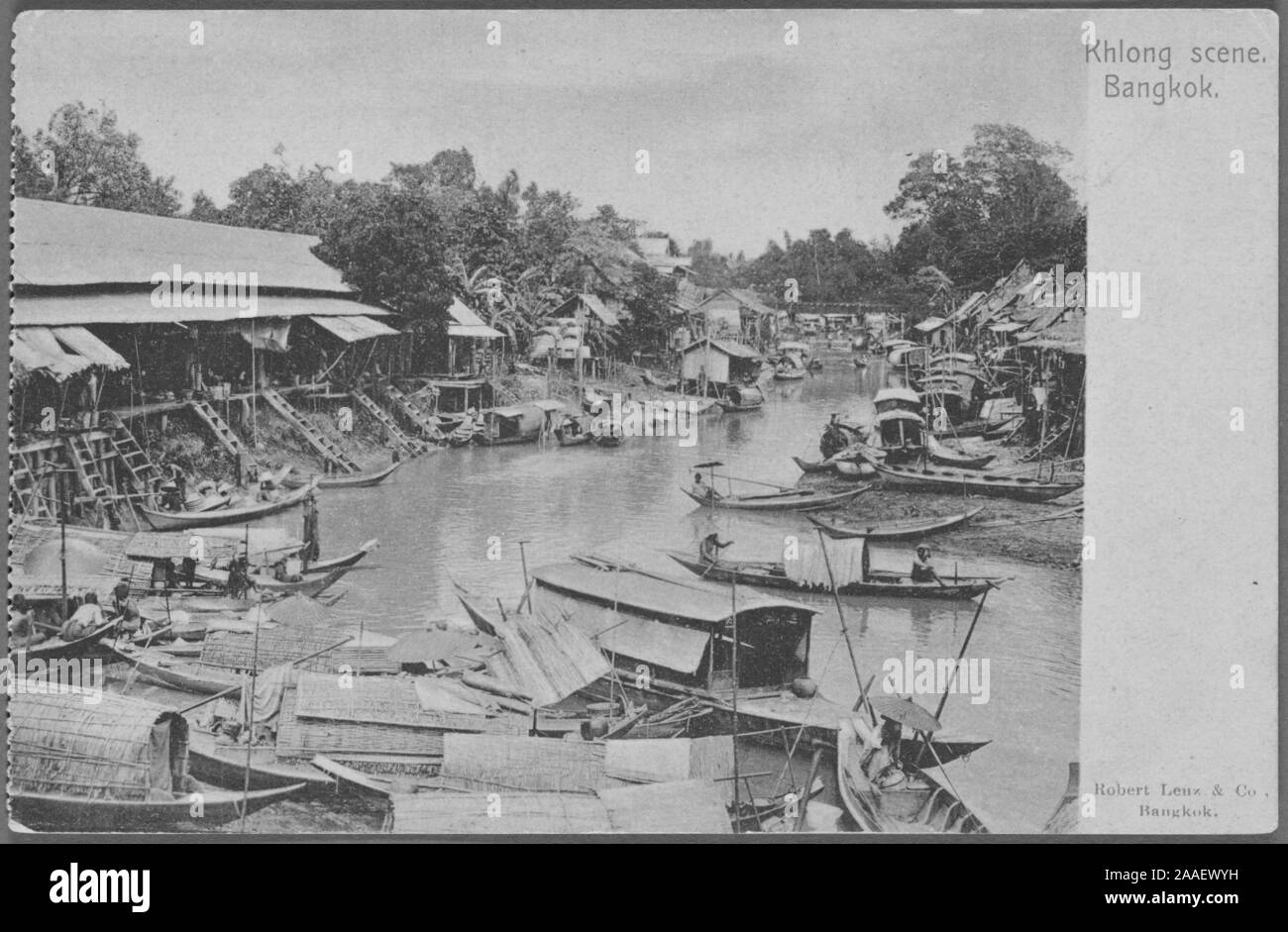 Engraved postcard of sampan boats floating along a canal (or khlong) in Bangkok, Thailand, published by Robert Lenz and Co, 1905. From the New York Public Library. () Stock Photo