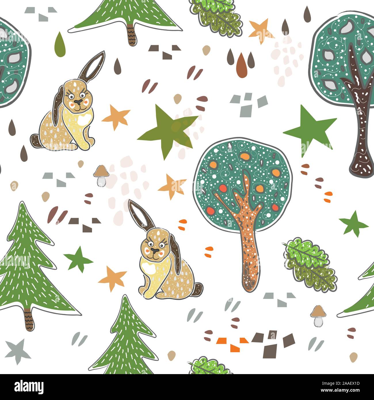 Seamless Pattern with cute bunnies. Hand Drawn cartoon Style. Vector ...