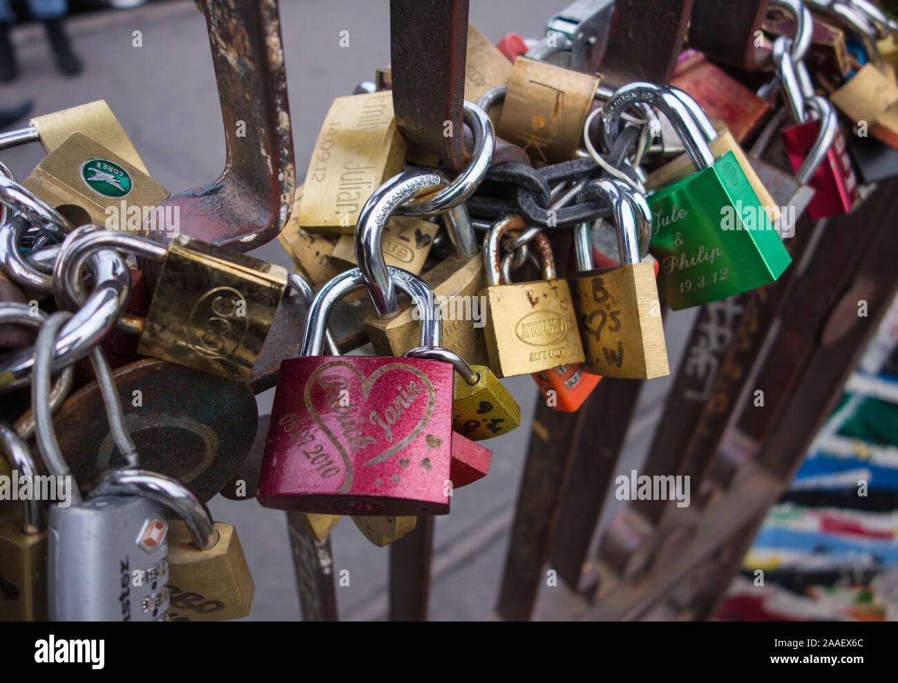 Love locks attached to a gate at the East Side Gallery, Berlin. Stock Photo