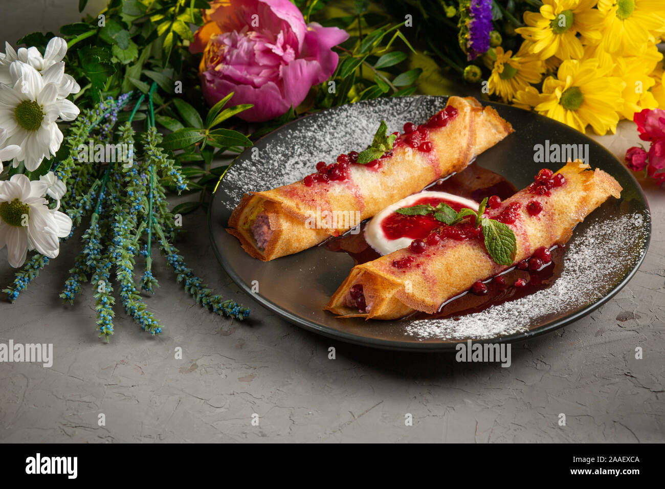 Pancakes Stuffed With Cottage Cheese With Sour Cream And