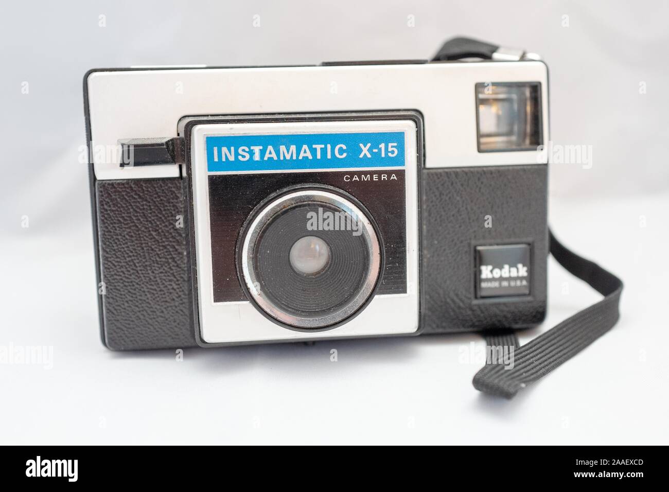 Close-up of Kodak Instamatic X-15 film camera, ca 1960s, using the 126 cartridge format, July 24, 2019. () Stock Photo