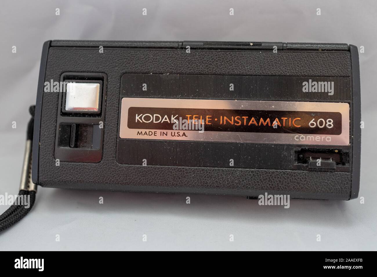 Close-up of Kodak Tele-Instamatic film camera, ca 1970s, with two-position telephoto lens and using the 110 film format, isolated on a white background, July 24, 2019. () Stock Photo