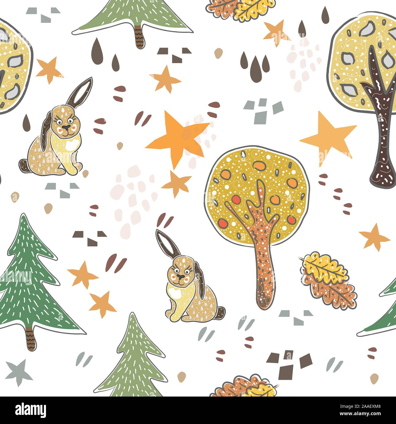 Seamless Pattern with cute bunnies. Hand Drawn cartoon Style. Vector ...