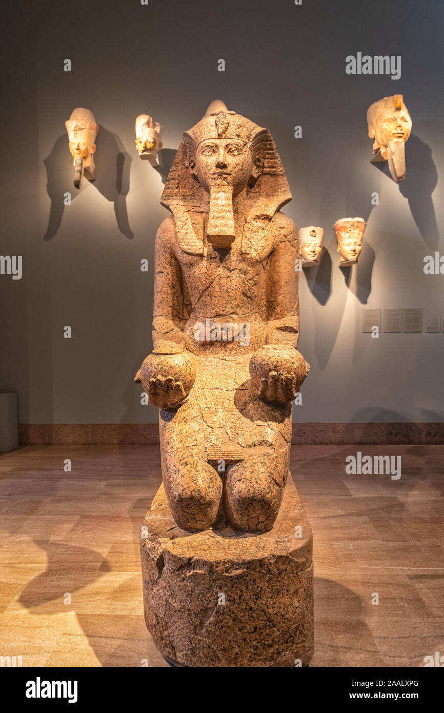 Large Kneeling Statue of Hatshepsut at Metropolitan Museum of Art, New York. Stock Photo