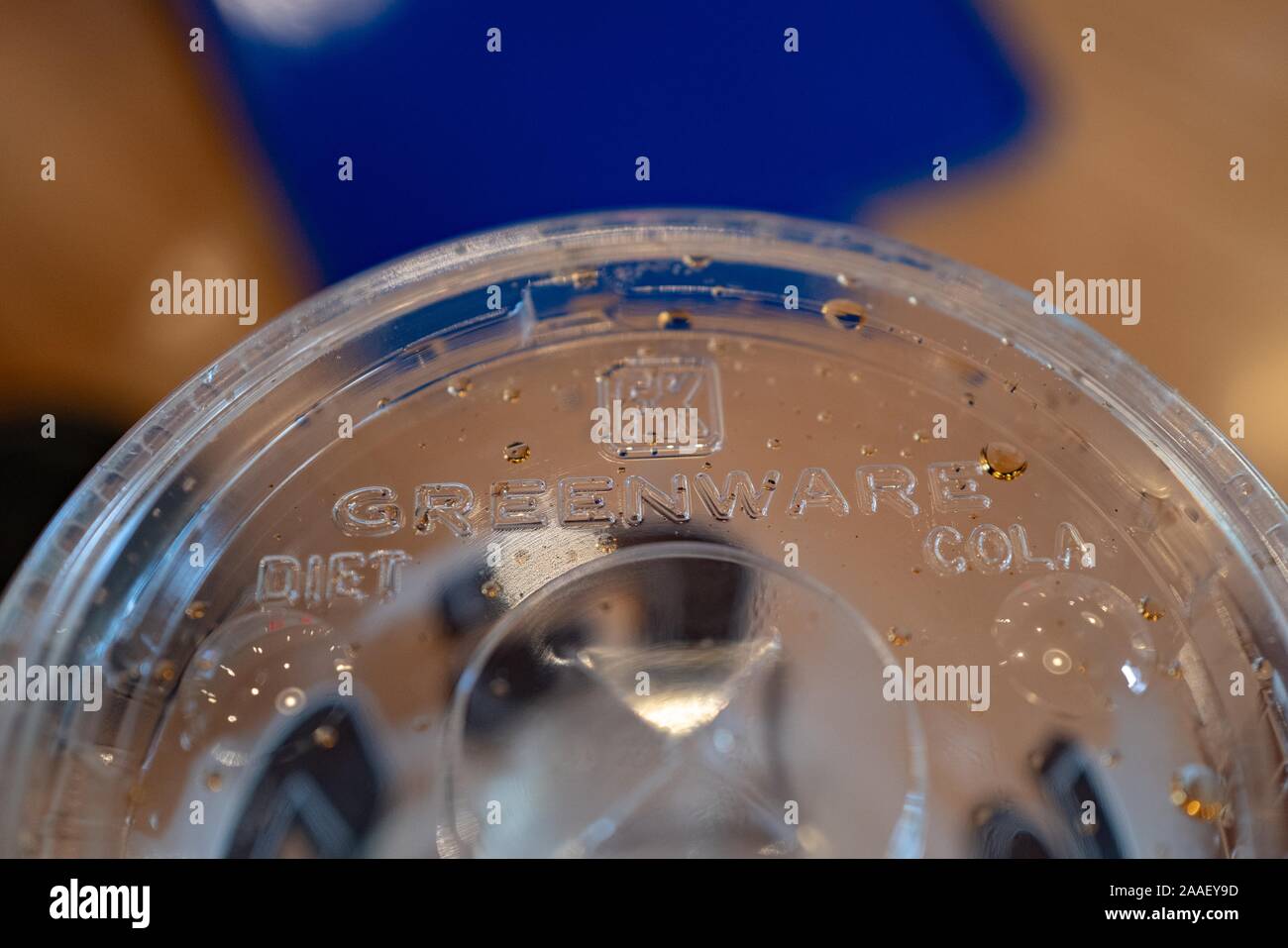 Close-up of logo for Greenware brand of compostable plastic restaurant serving ware on compostable plastic cup, a division of parent company Fabri-Kal, Walnut Creek, California, August 28, 2019. () Stock Photo