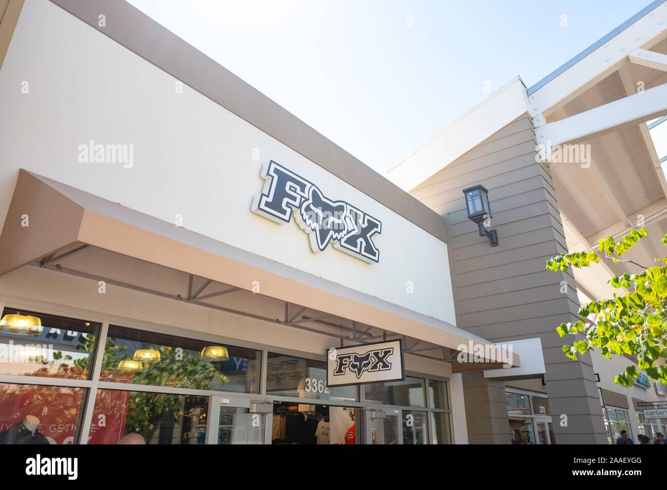 Facade with logo at retail store for extreme sports clothing company Fox in Livermore, California, September 2, 2019. () Stock Photo