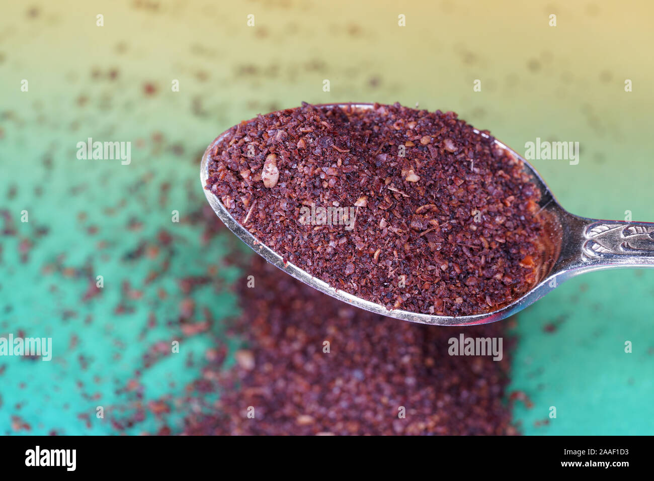 Sumac spice with macro lens photographed against colorful gradient in