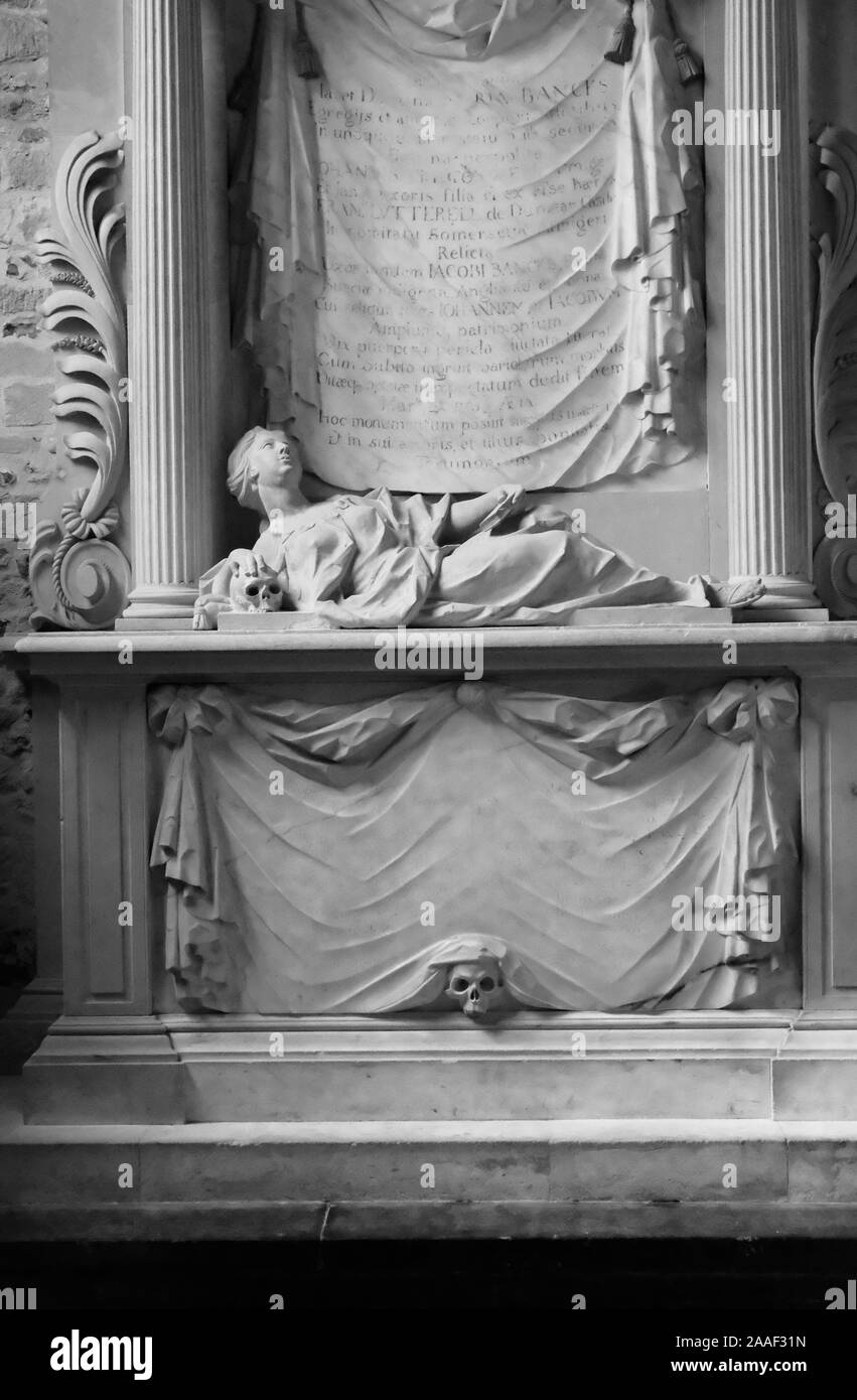 A tomb in Milton Abbey Church dedicated to the Bancks family of Corfe Castle and Kingston Lacy, Dorset, UK - John Gollop Stock Photo