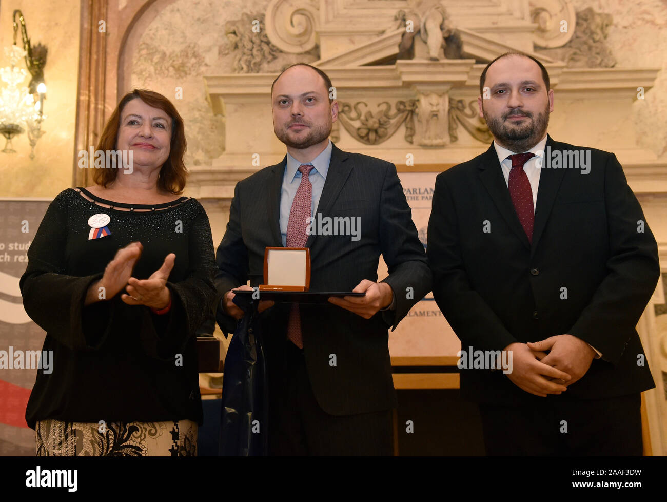 Prague, Czech Republic. 21st Nov 2019. In the first mentioned section, this year's award is going to Vladimir Kara-Murza (centre), a Russian journalist, activist and long-term critic of Vladimir Putin's regime. Kara-Murza, who was an aide and friend of the murdered politician Boris Nemtsov, has been active with the conservative-liberal opposition forces. He is the president of the Open Russia movement and coordinates the project of Free Elections in Russia. Credit: CTK/Alamy Live News Stock Photo