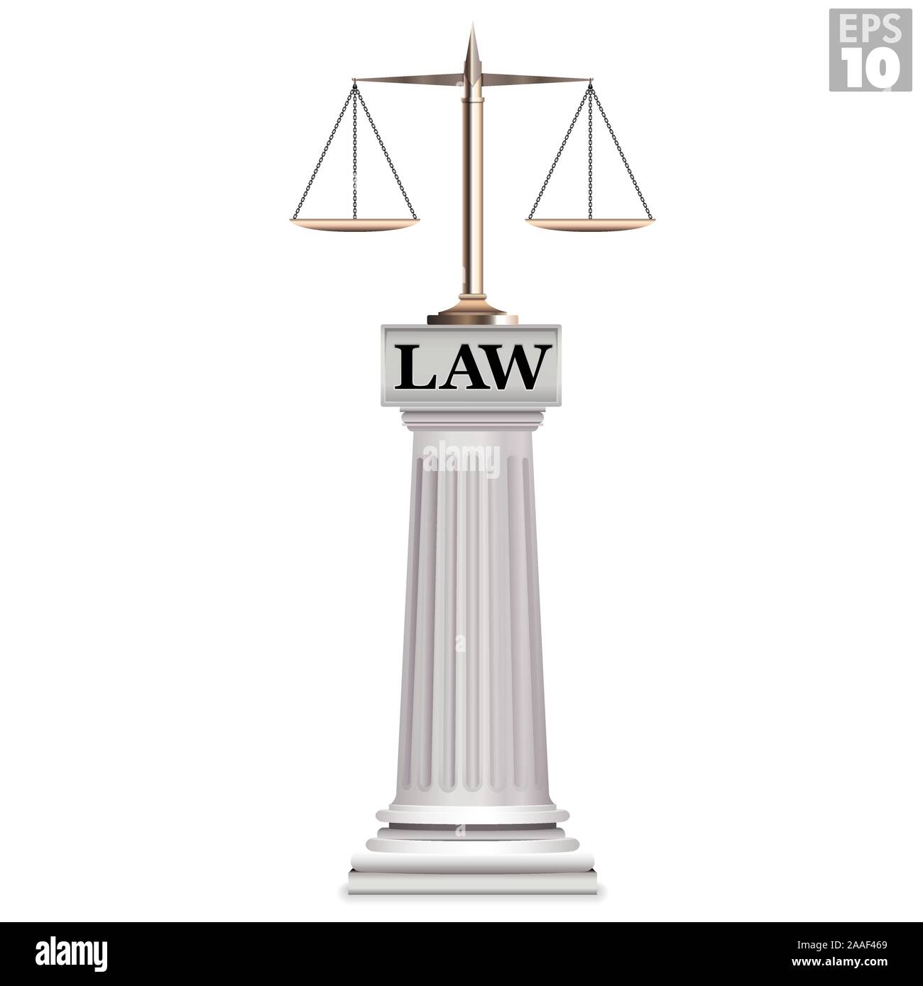 A golden justice scale in balance, resting on a roman column with the words law chiseled into stone. Stock Vector