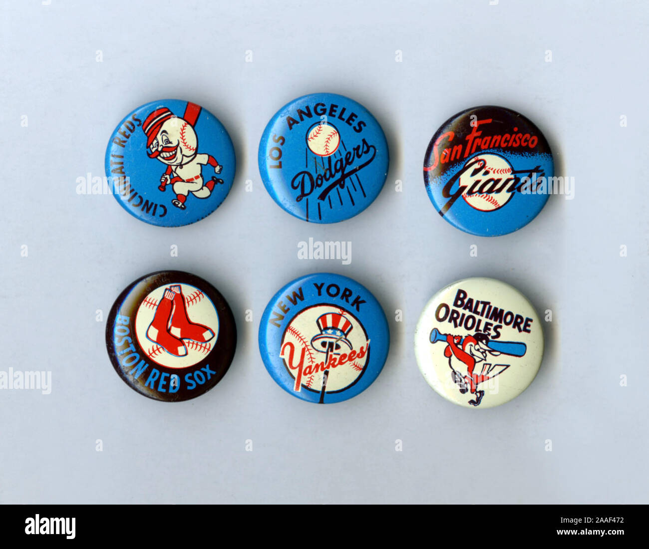 Small collectible souvenir buttons depicting logos of Major League Baseball teams at they app[eared in the 1950's-60's era. Stock Photo