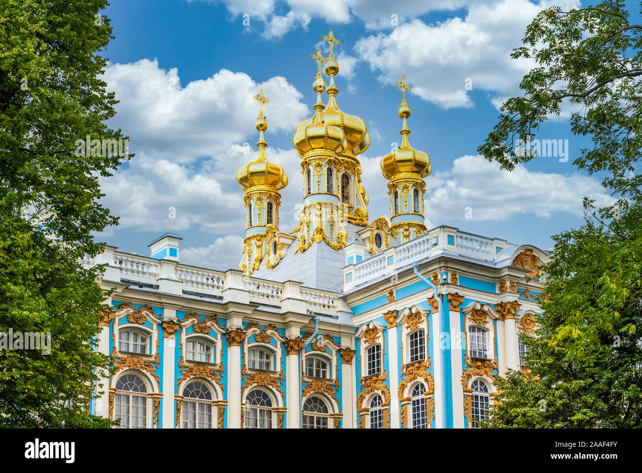 The golden spires of the Church Of The Resurrection in Catherine's Palace in St. Petersburg, Russia. Stock Photo