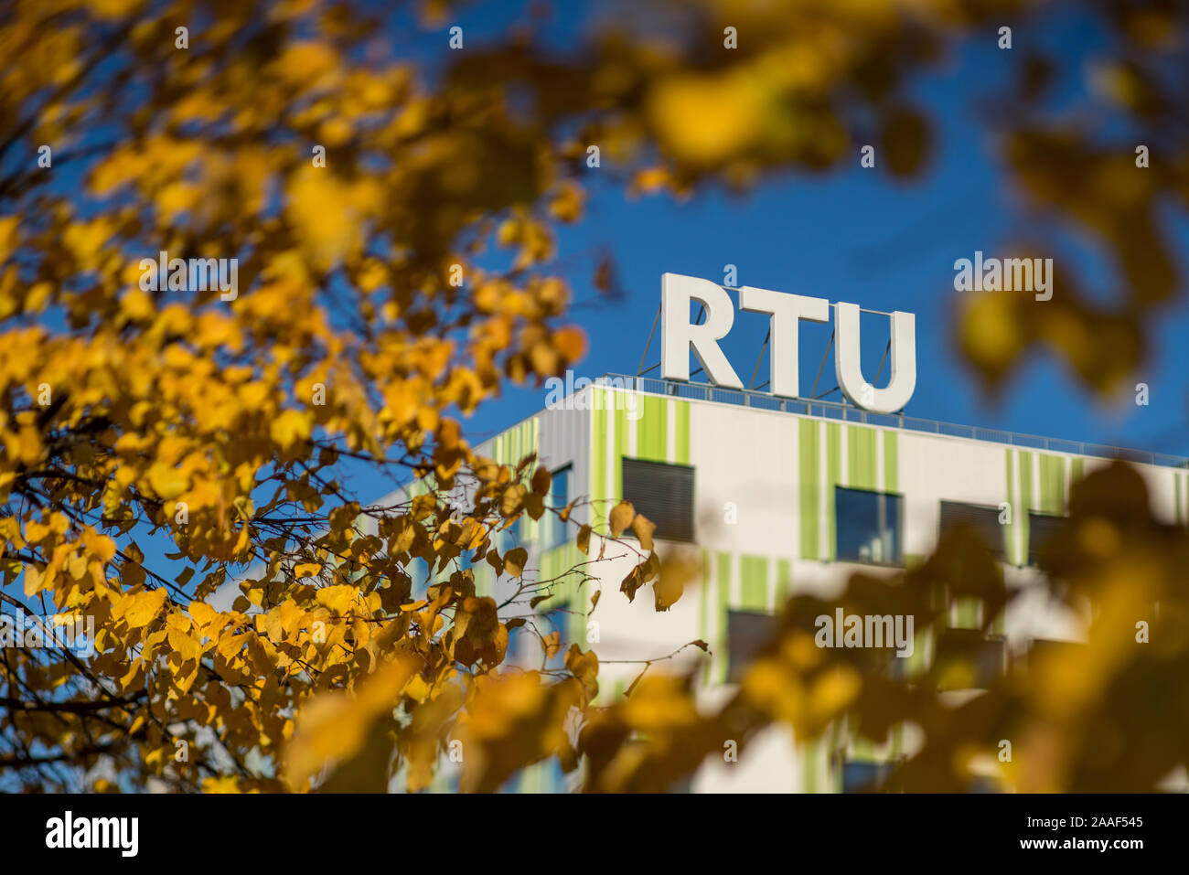 View of modern building through the autumn foliage Stock Photo - Alamy