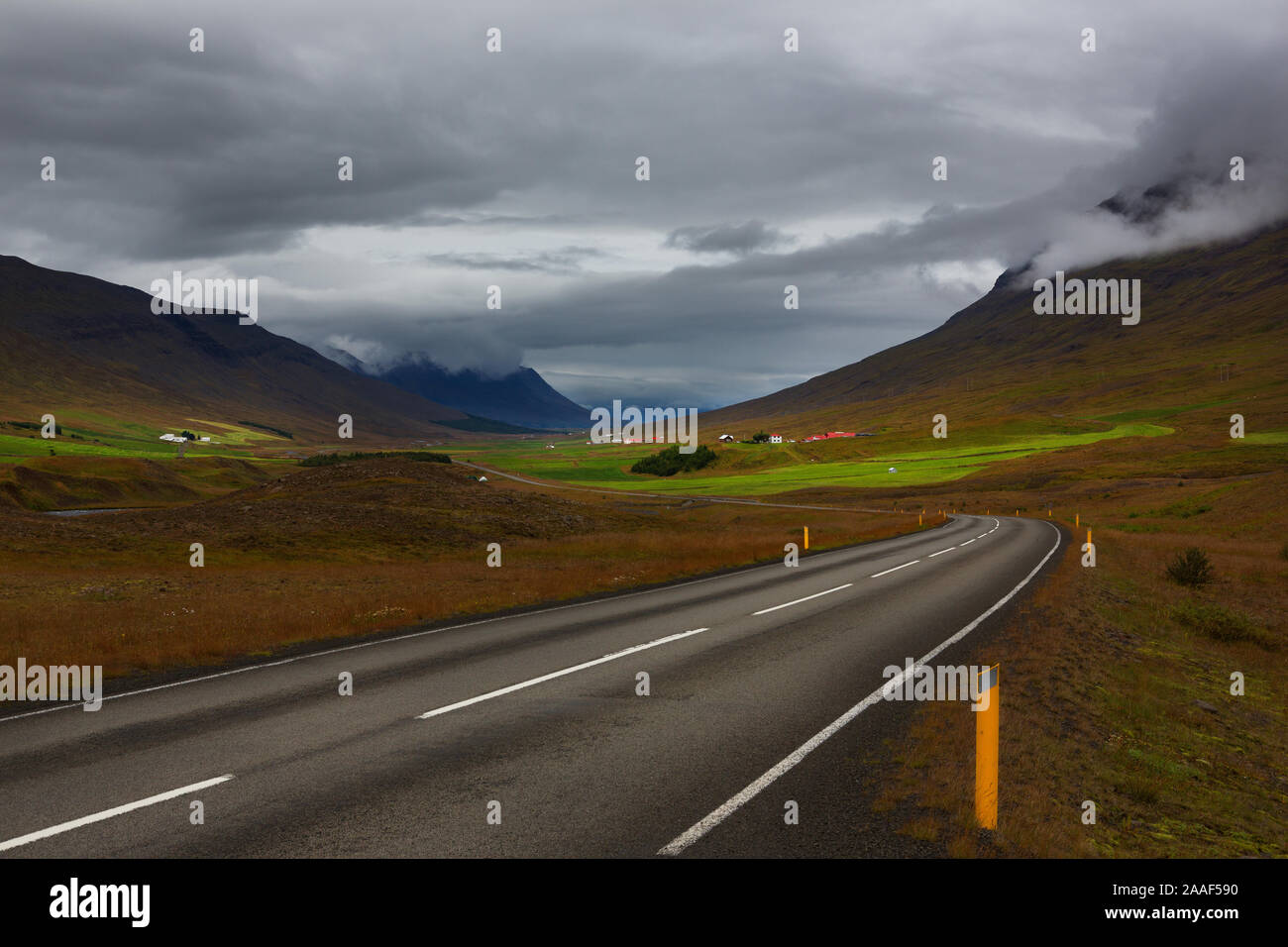 Icelandic ring road highway 1 through mountains area, Iceland Stock Photo