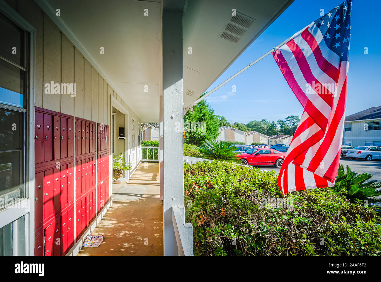 The office at Four Seasons apartments is pictured with mailboxes in Mobile, Alabama. The apartment complex is managed by Sealy Management Company. Stock Photo