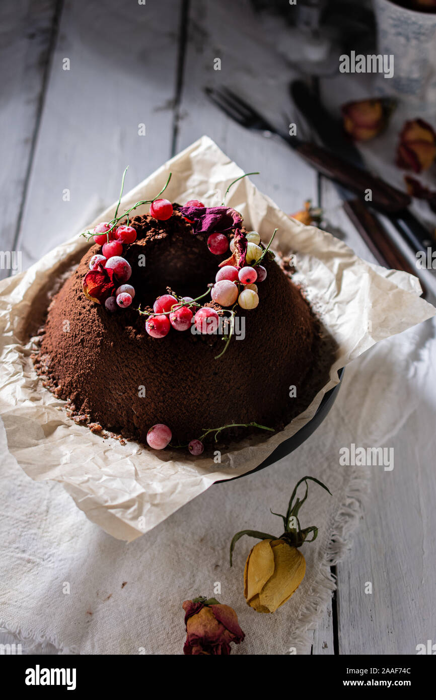 delicious chocolate cake with fruits sweet dessert fit food.Sugar free Stock Photo