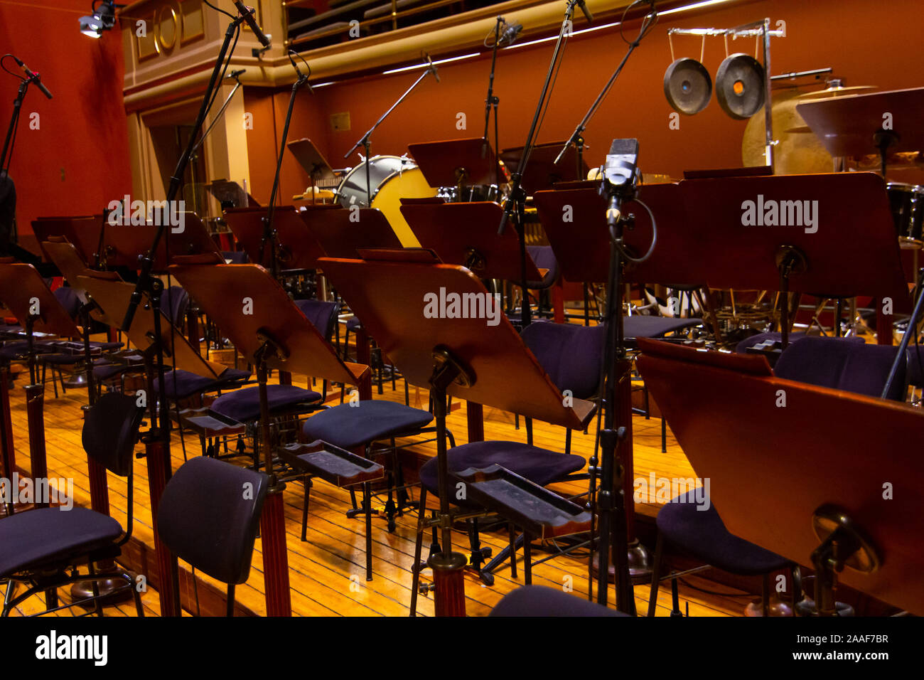 Musical instruments of the Orchestra in philharmonia, Prague, 15.11.2019. Stock Photo